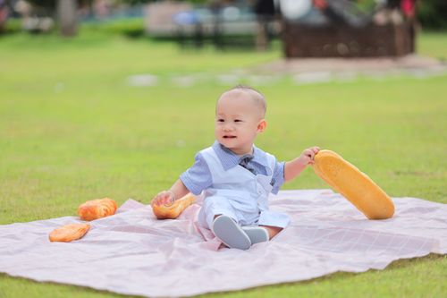 Free Cute baby sitting on a picnic blanket with bread loaves in an outdoor park setting. Stock Photo