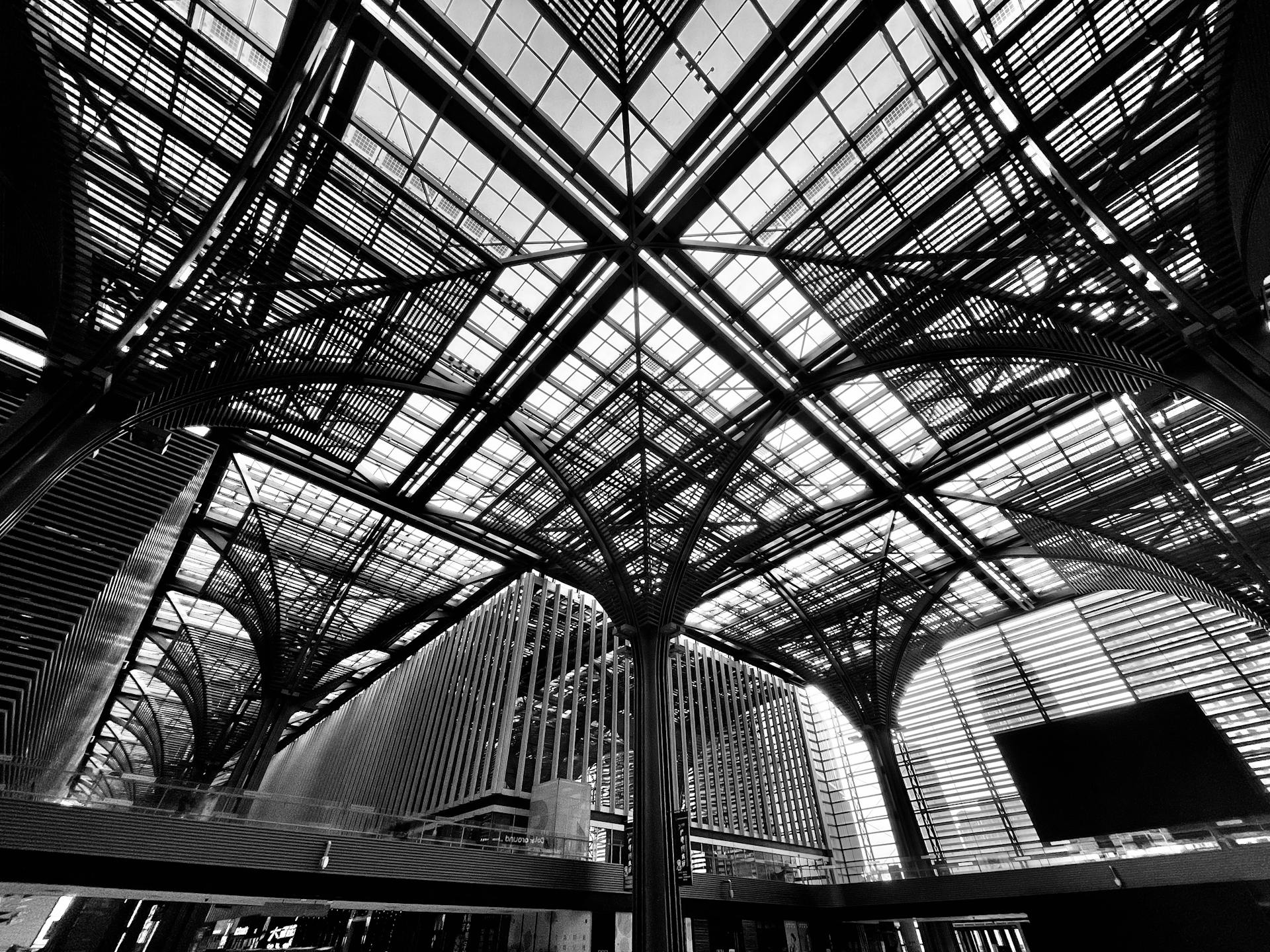 Intricately designed glass ceiling with steel trusses in Binhai, Tianjin, China.