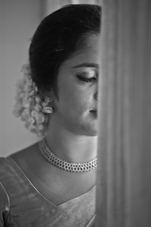Grayscale Photo of a Beautiful Bride
