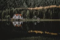 森林湖畔的房屋，风景倒影完美