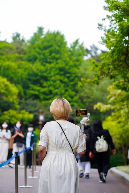 Back View of a Woman Using Smartphone 