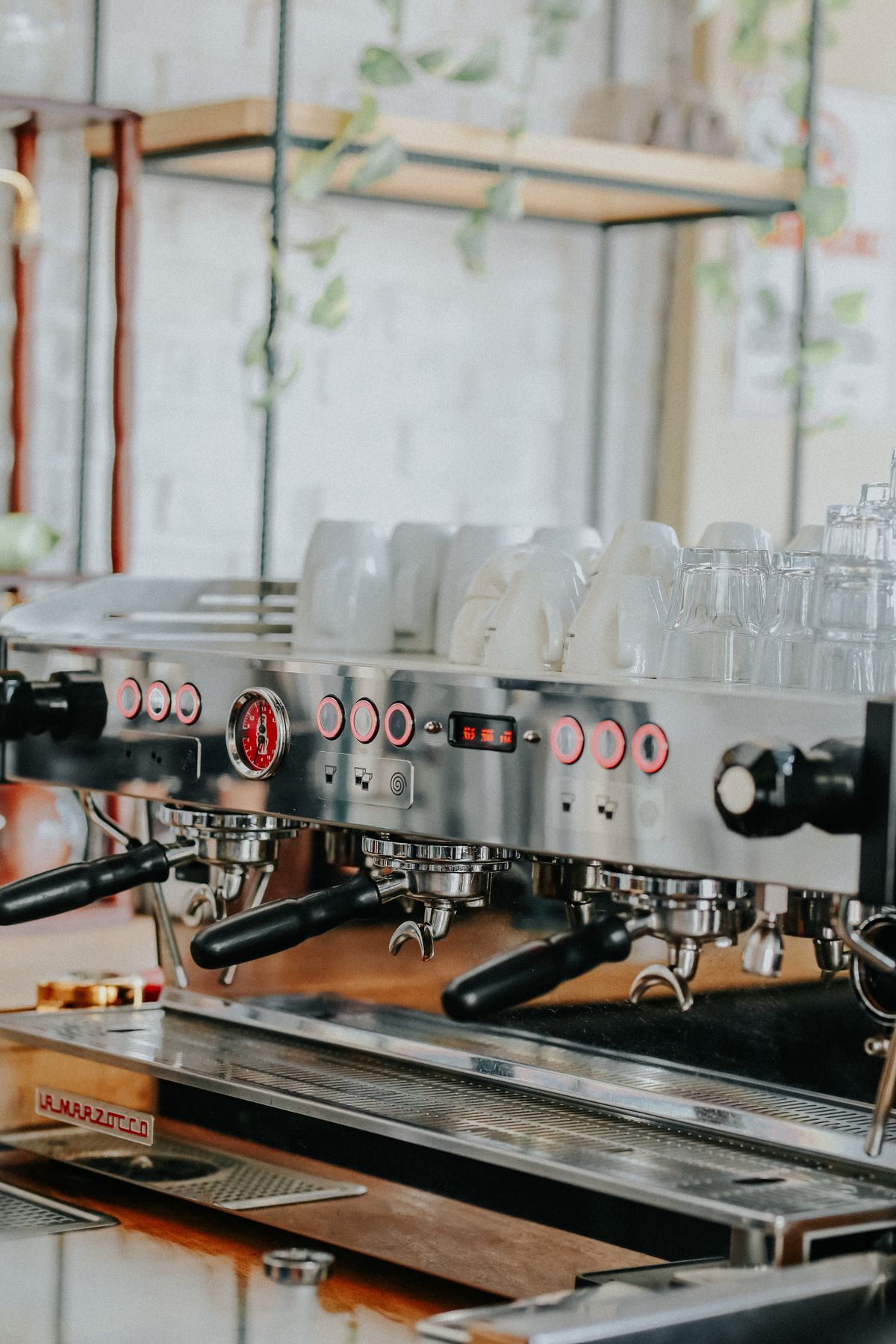 Close-up of a professional espresso machine, for illustration