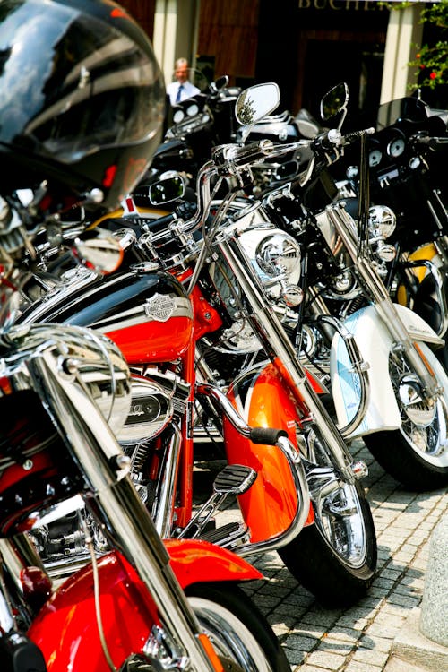 Big Bikes Parked on a Lot in Close-up Photography