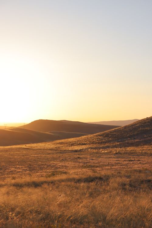 Free A breathtaking sunrise over rolling hills, casting warm sunlight on brown grass, creating a serene landscape. Stock Photo