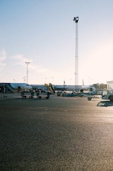 A busy airport tarmac featuring several airplanes during sunset, highlighting travel and transportation themes.