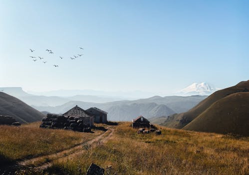 Peaceful rural landscape in Russia featuring mountains, wooden houses, and birds in flight.