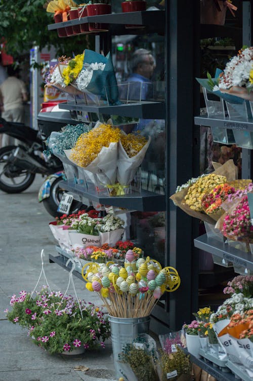 Colorful Bouquet of Flowers on Stand of a Shop