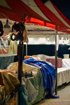 Dimly lit stalls at an Istanbul night market covered with tarps.