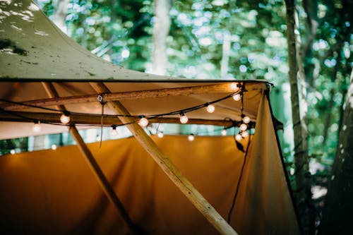 A Tent with String Light Bulbs in Close-up Photography