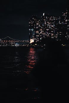 Dazzling city skyline at night with shimmering lights reflecting on the waterfront.