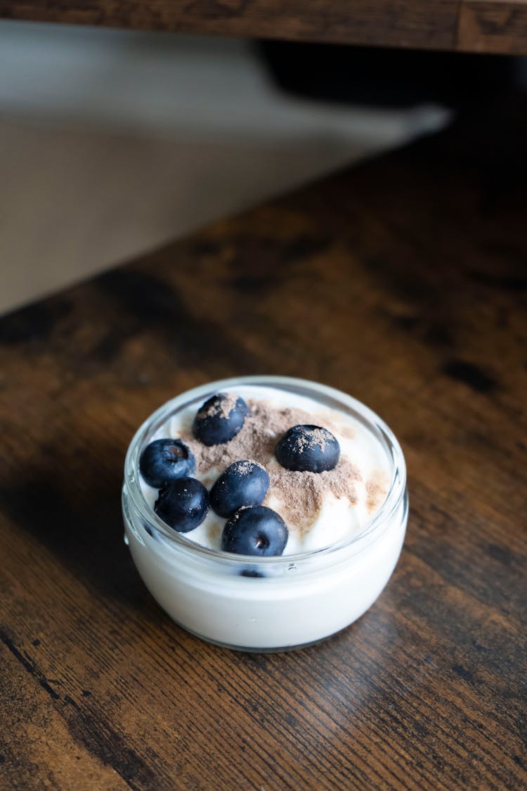 Close-Up Shot Of A Yogurt With Blueberries In A Bowl