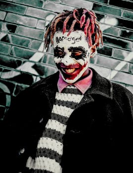 Vibrant portrait of a person with creative painted face art and colorful hair against a brick wall.