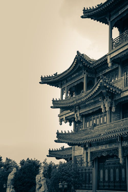 Základová fotografie zdarma na téma černobílý, čínská architektura, exteriér budovy