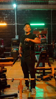 Man holding a camera in a gym surrounded by workout equipment. Vibrant lighting adds a modern urban feel.