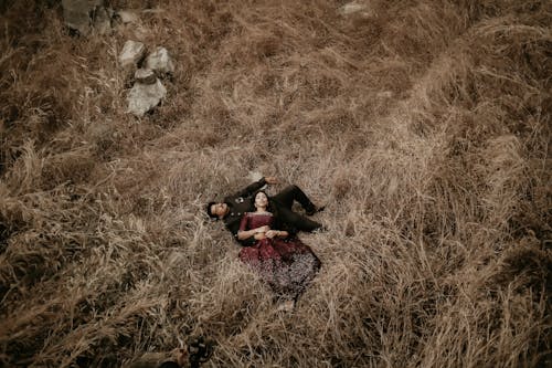 Free A Couple Lying Down on the Brown Grass Stock Photo