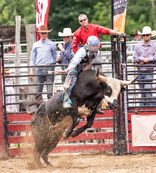 Thrilling bull riding action at a rodeo with cowboy and audience.