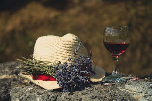 Kostnadsfria Kostnadsfri bild av alkoholhaltig dryck, glas vin, lila blommor Stock foto