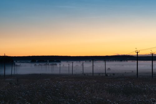 Free Misty morning sunrise over a grass field with electric posts, creating a serene and tranquil landscape. Stock Photo
