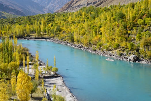 雄伟的山谷中，风景如画的河流呈现出充满活力的秋色