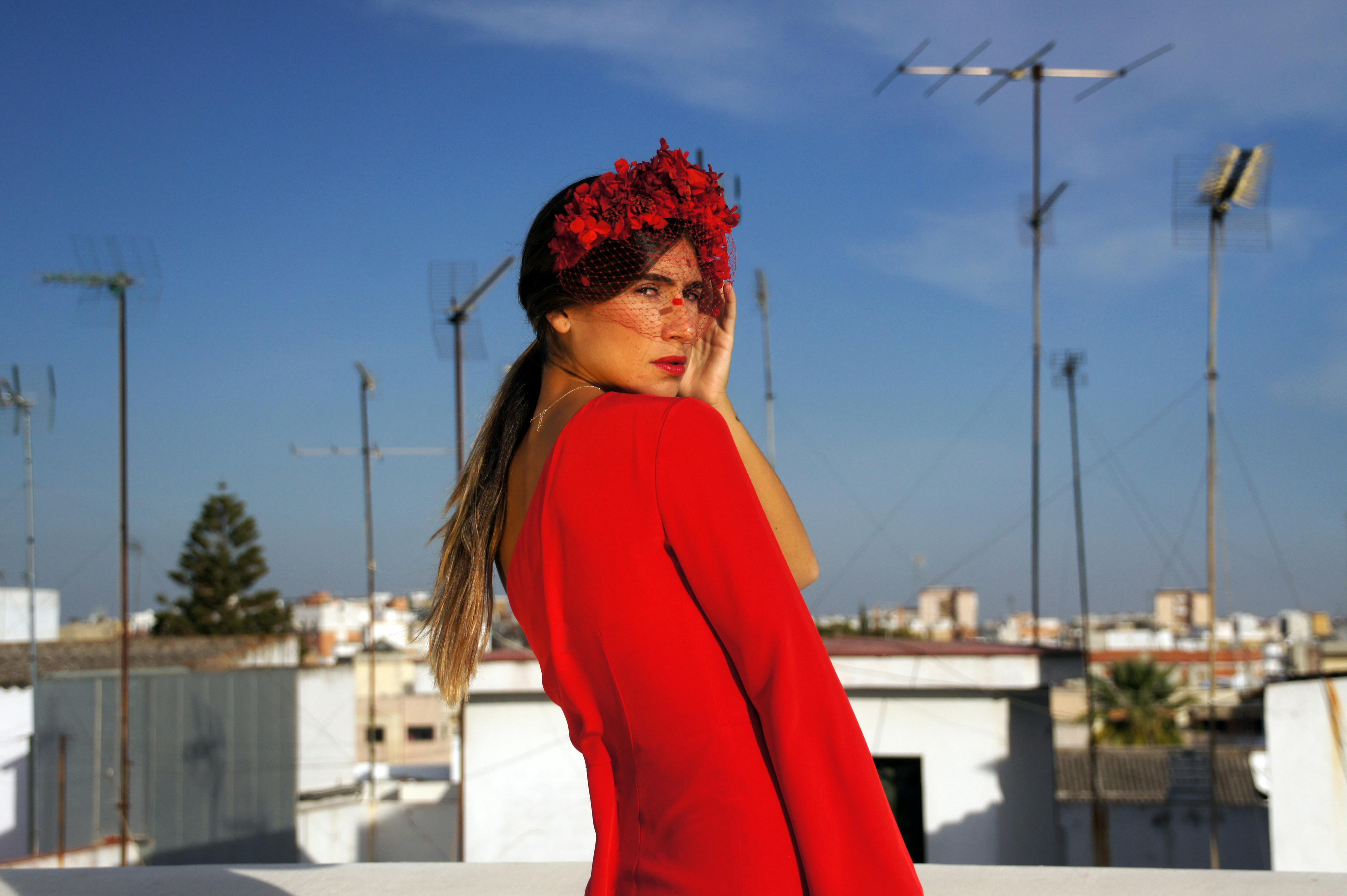 woman wearing red dress