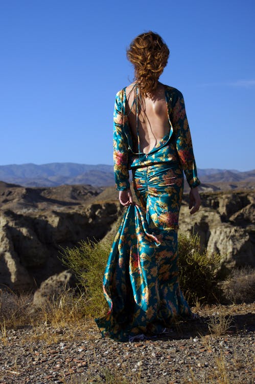 Woman Wearing Blue and Multicolored Floral Backless Long-sleeved Dress Standing in Front of Rock Formation