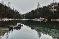 在宁静的日光下，拍摄了宁静的森林湖与树木和岩石的倒影