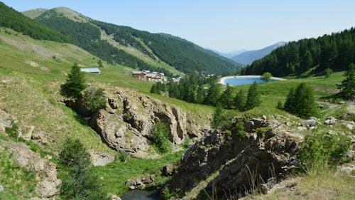 Green Grass Field on Mountain