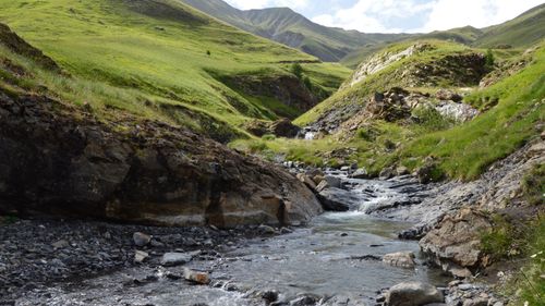 Free A serene mountain creek flowing through a lush green valley under a bright sky. Stock Photo