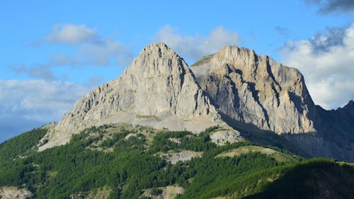 An Aerial Photography of a Rocky Mountain Near the Green Trees Under the Blue Sky and White Clouds