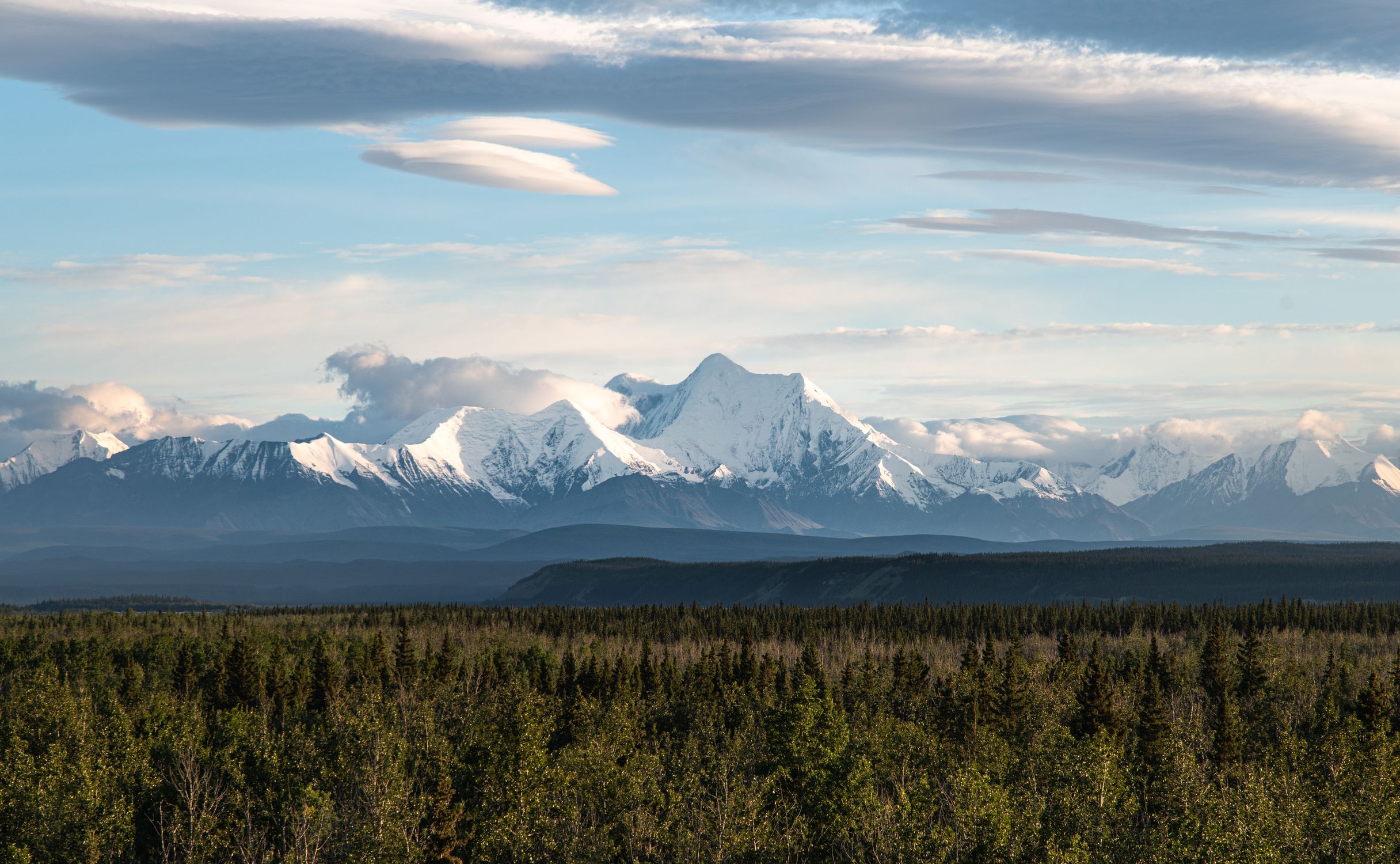 A stunning view of snow-covered mountains in Alaska with a lush green forest in the foreground.