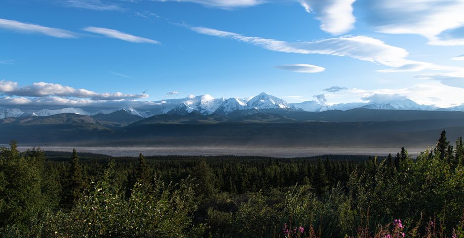 Breathtaking Grizzly Falls Ziplining Expedition Review: Alaska's Most Thrilling Rainforest Adventure Review 2026 - Scenic view of snowy Alaskan mountains under a blue sky with green forests.