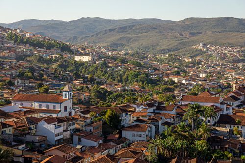 Free Stunning aerial view of Ouro Preto's colonial architecture nestled in the lush Brazilian hills. Stock Photo
