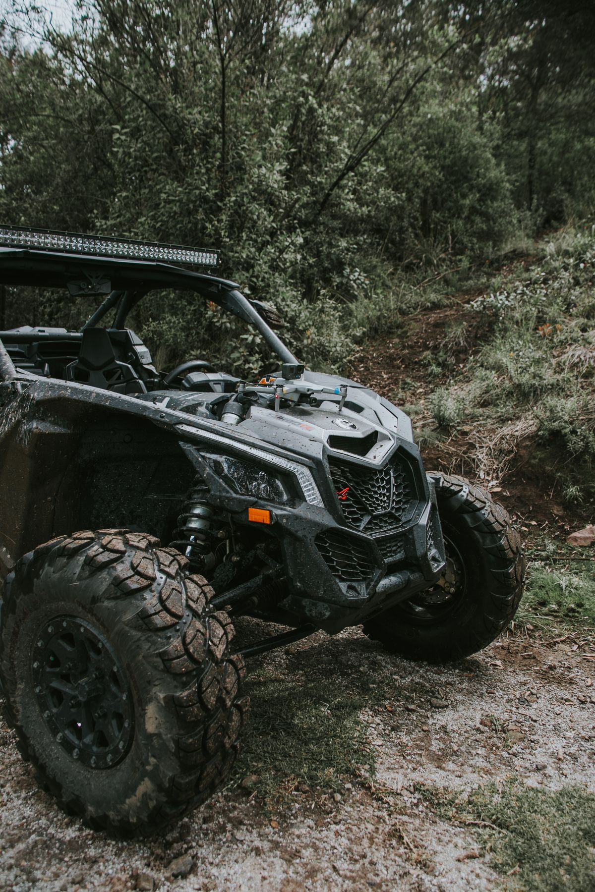 A rugged black 4x4 SUV parked on a dusty forest backroad surrounded by green forest