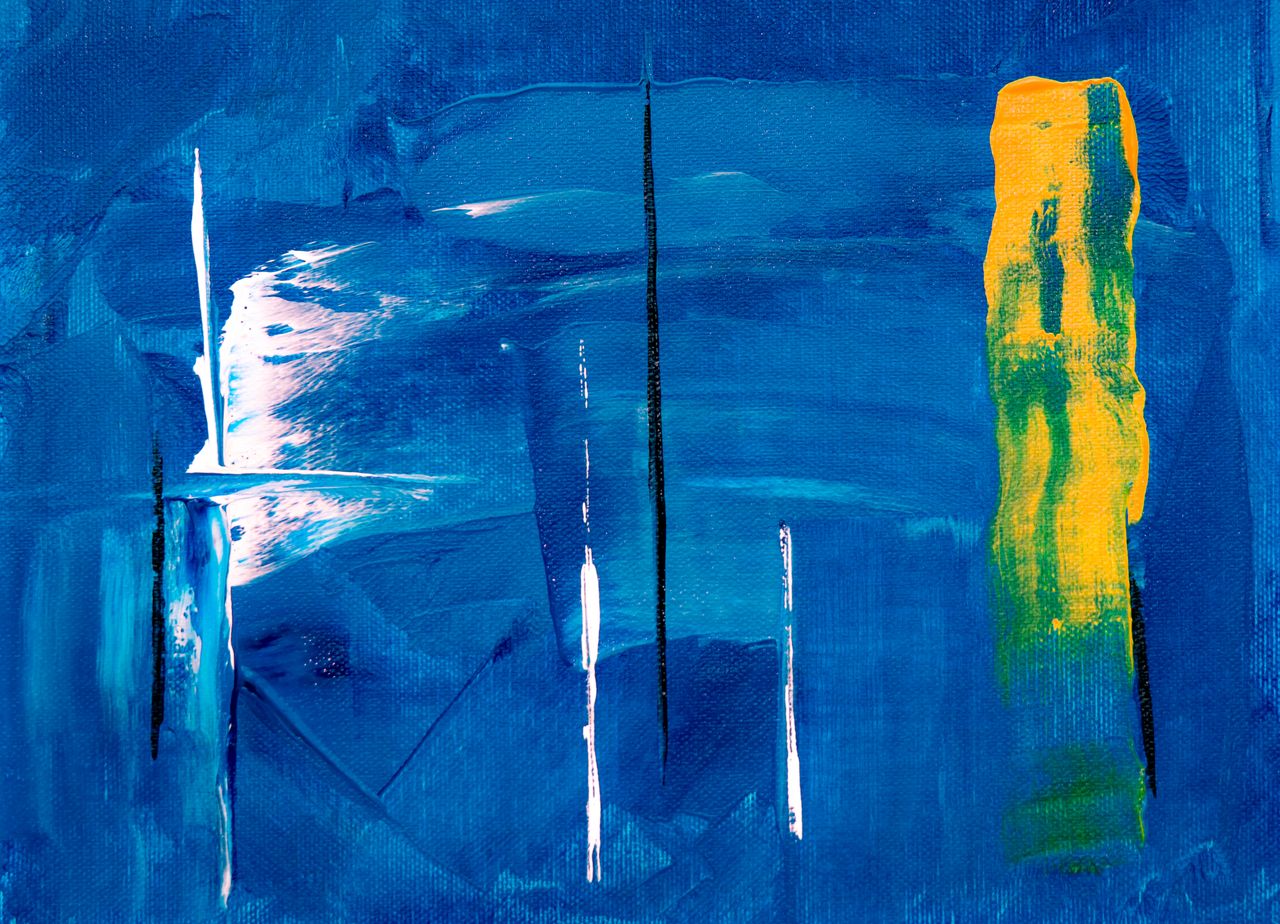 dynamic abstract painting with rich blue and vibrant yellow strokes bl