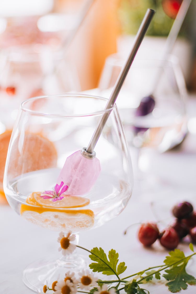 Metal Straw In Glass With Cocktail