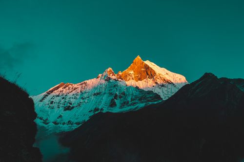 Free Breathtaking view of snow-capped Annapurna peaks bathed in sunrise glow, Ghandruk, Nepal. Stock Photo