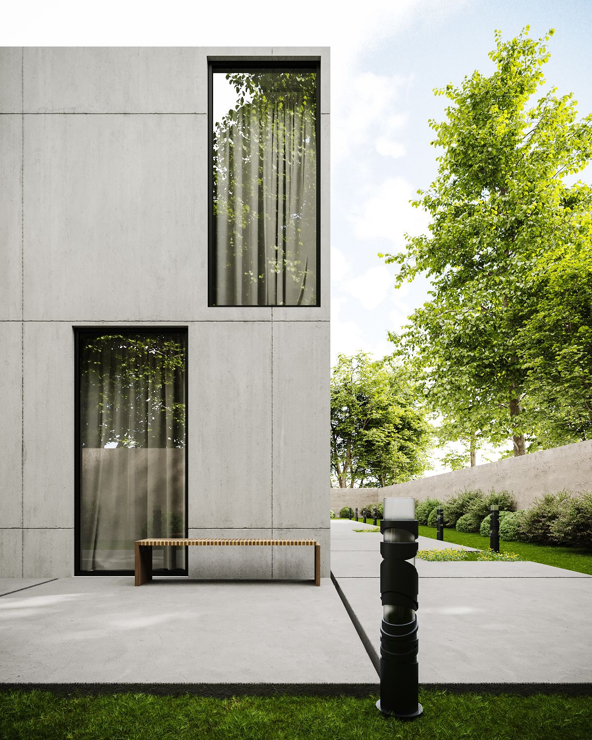 Illustrative architectural image of a modern house with large glass windows