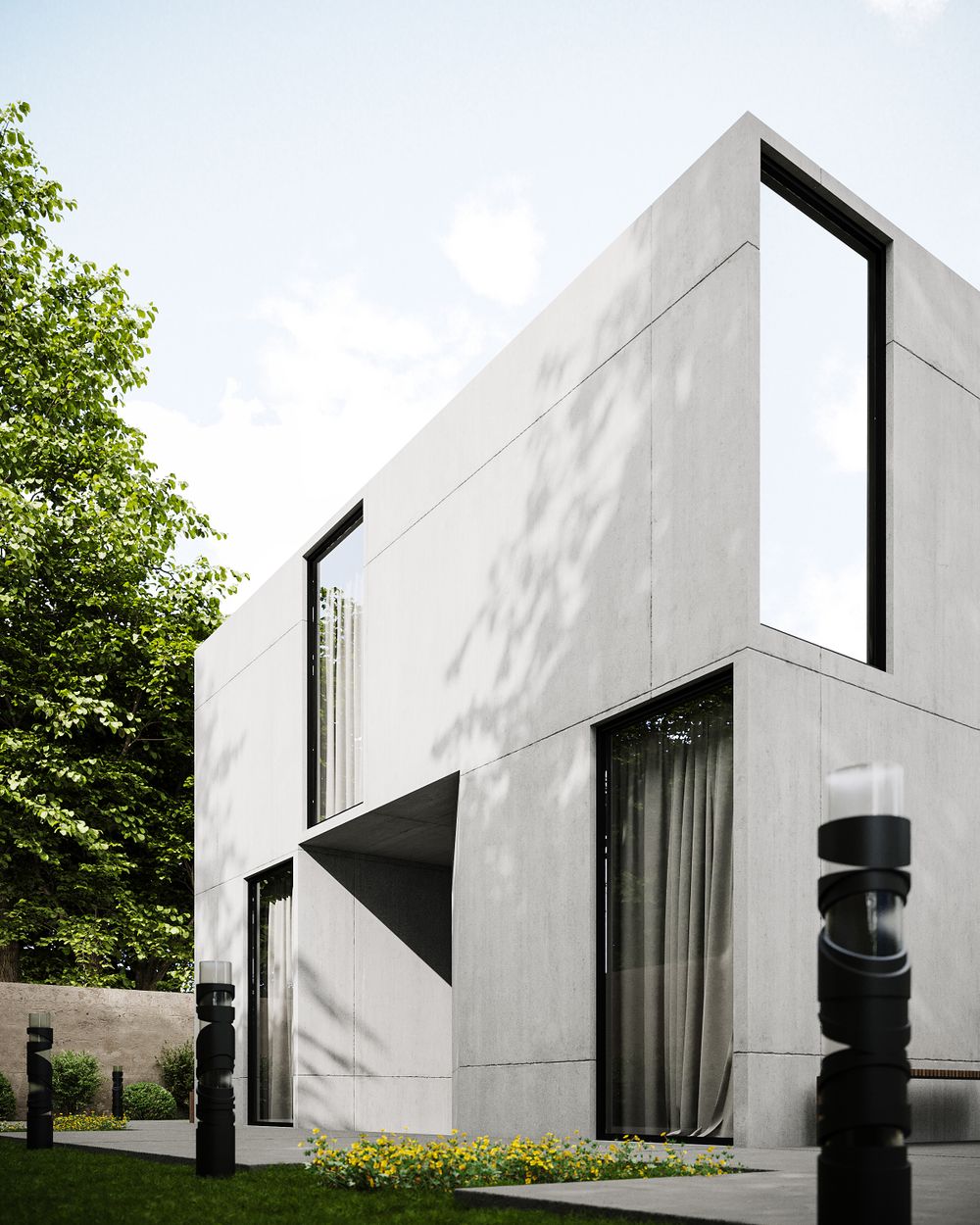 Casa contemporânea em concreto aparente com grandes esquadrias de vidro