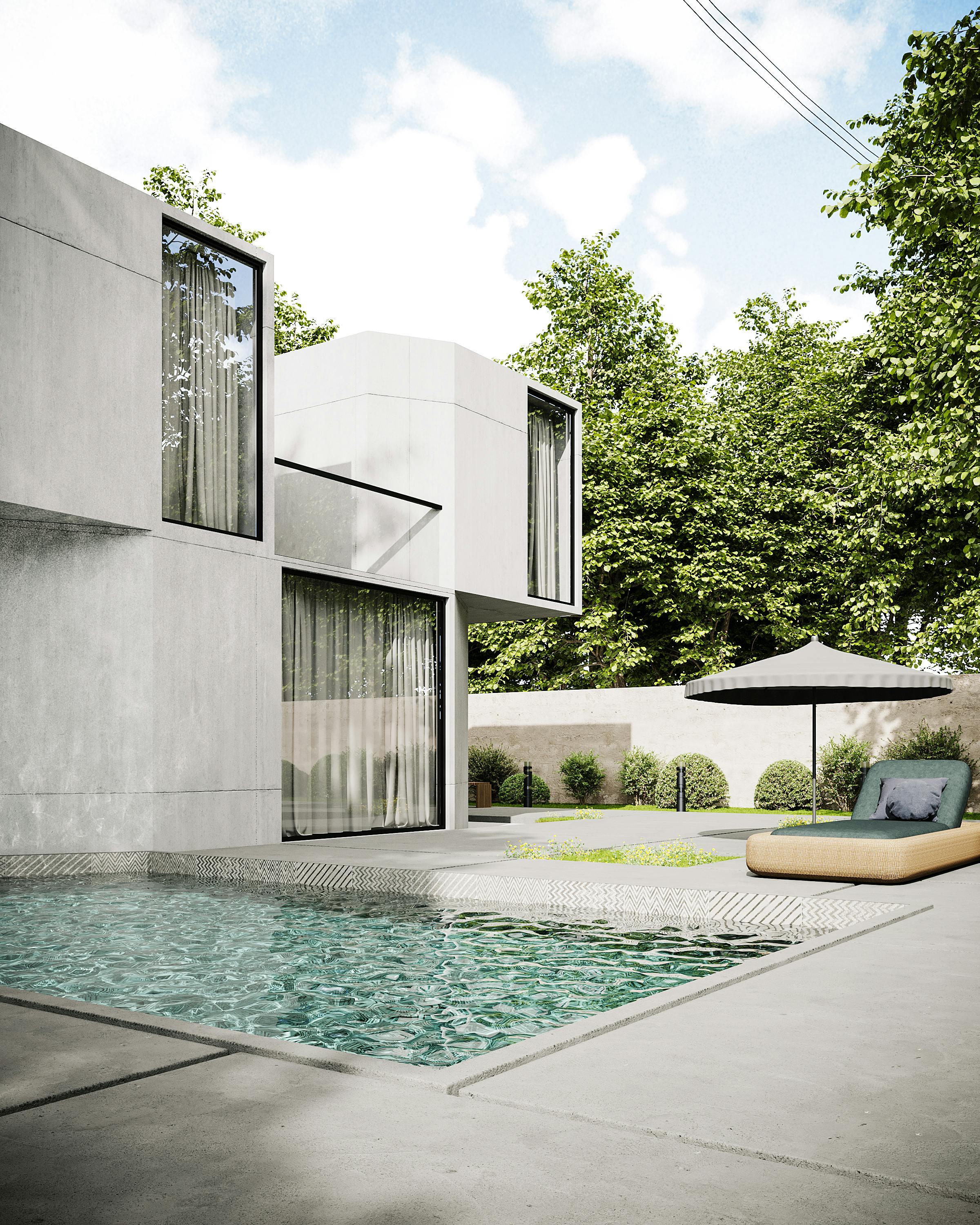 3d visualization of a concrete blocky house with a swimming pool