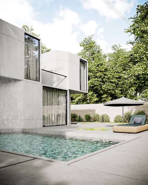3D Visualization of a Concrete Blocky House with a Swimming Pool