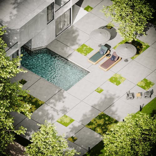 Foto profissional grátis de ao lado da piscina, árvores, cadeiras de jardim