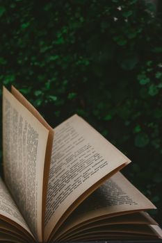 An open book with flipping pages against a textured green background, ideal for literary themes.
