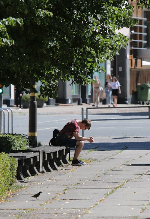 A Man Sitting on a Concrete Bench on the Street