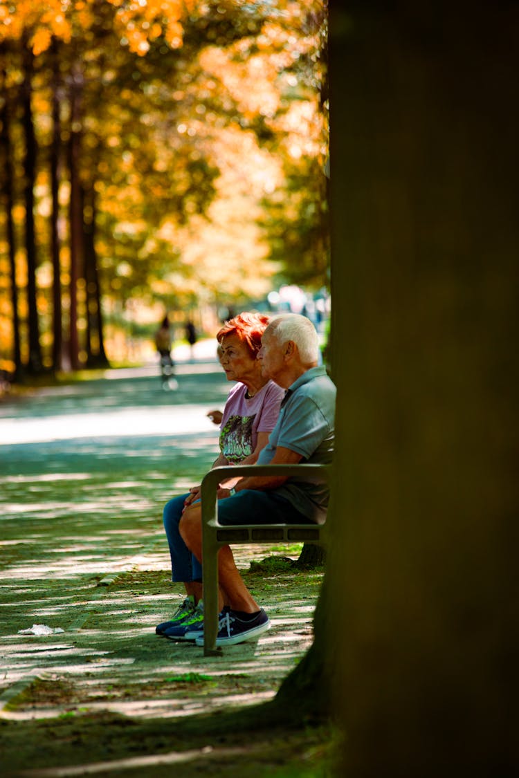 Senior Couple Sitting On Park Bench