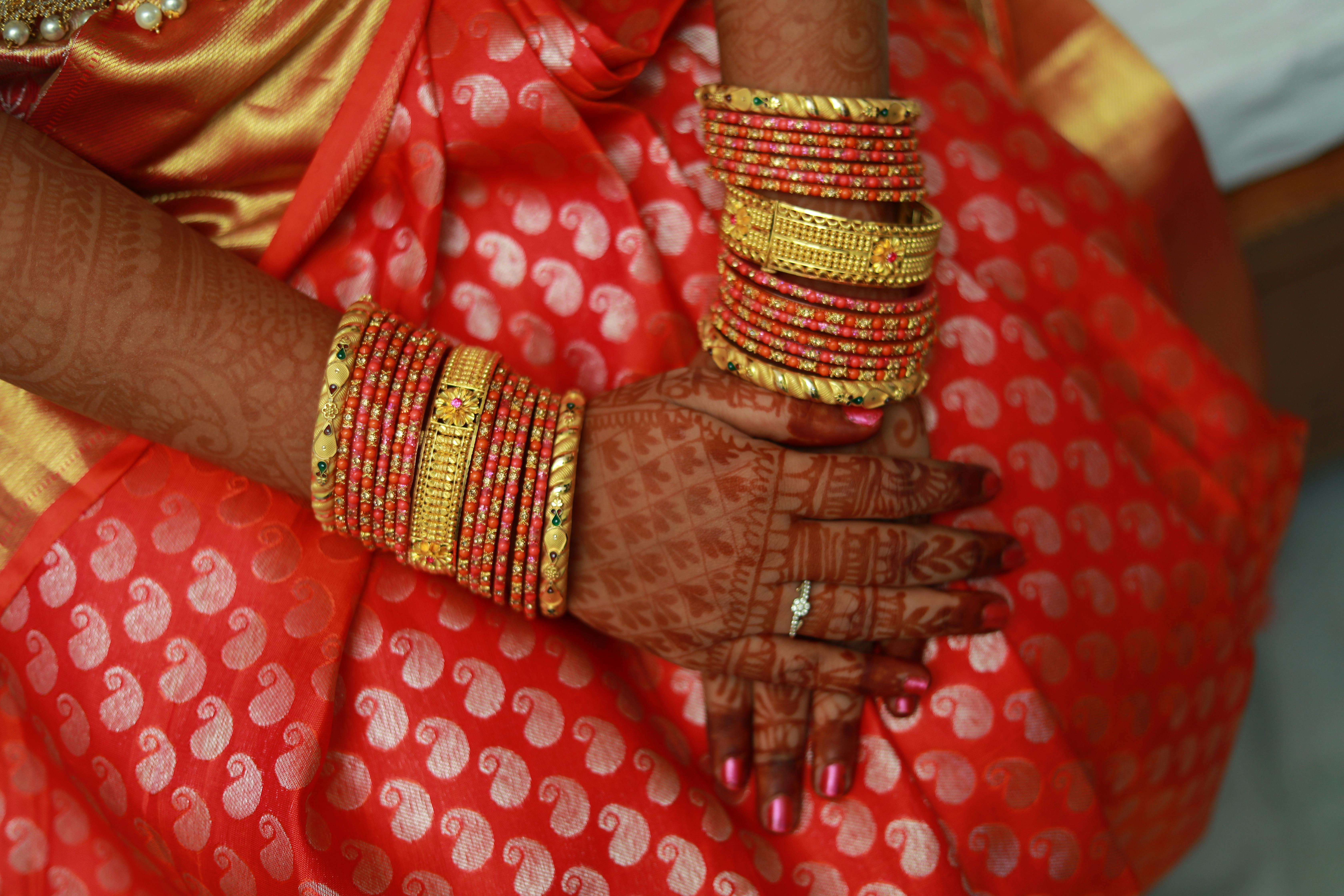 a person wearing gold bangles