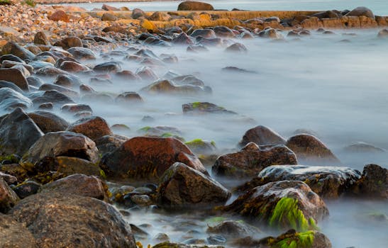 Long exposure of a rocky shoreline with gentle waves and moss on stones, creating a tranquil ambiance.