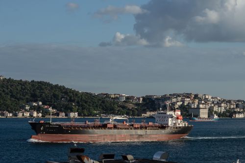 Free Cargo ship sailing through the Bosporus in Istanbul with cityscape and hills in the background. Stock Photo