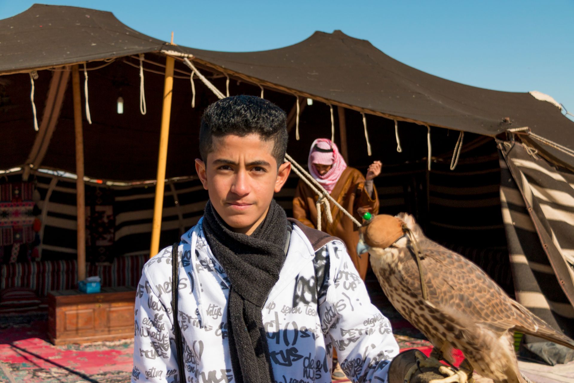 A young boy holds a falcon outside a traditional tent at a desert camp in Kuwait, showcasing falconry culture.