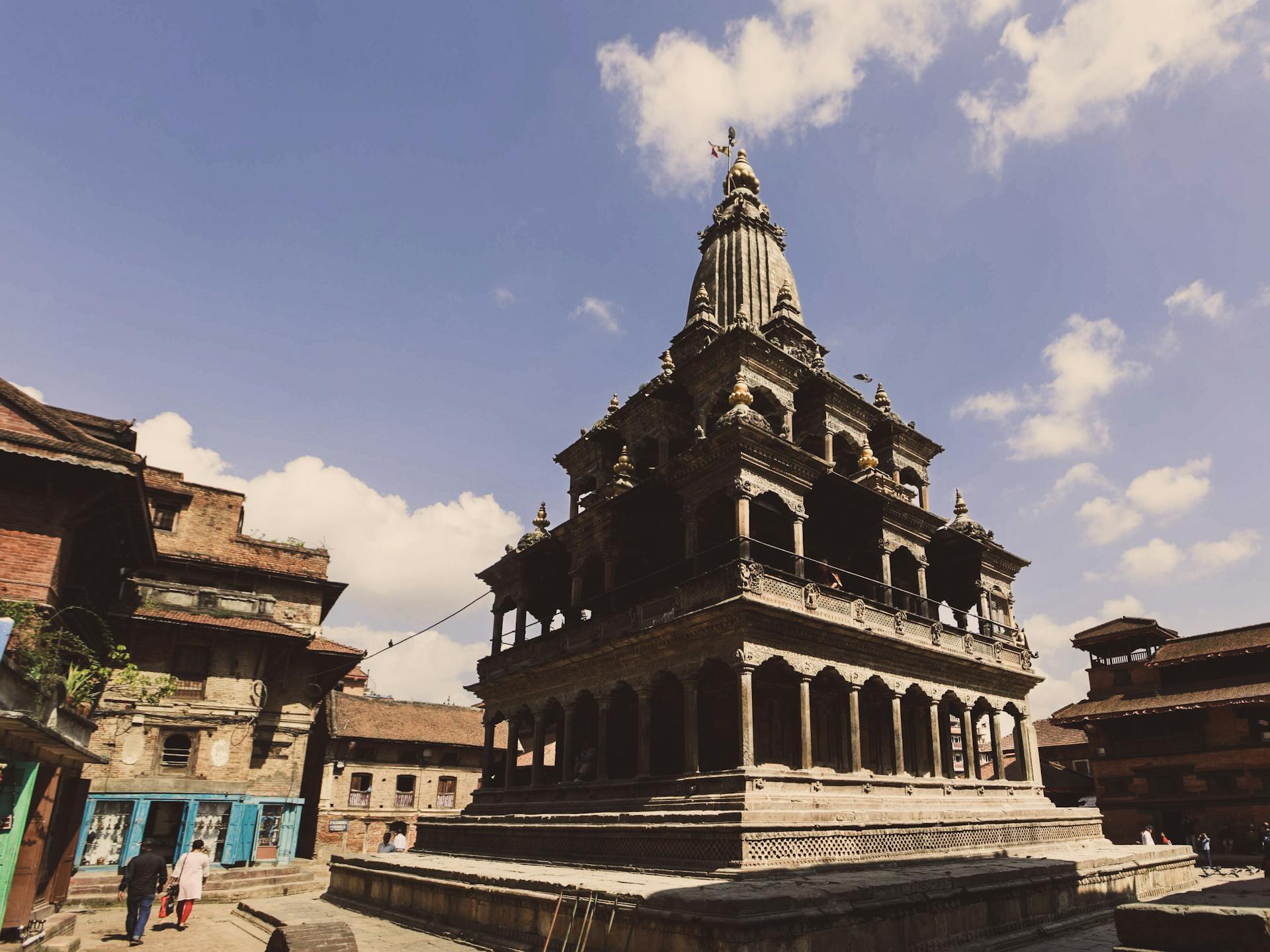 View of the historic Krishna Mandir temple in Patan Durbar Square, a UNESCO World Heritage Site in Nepal.