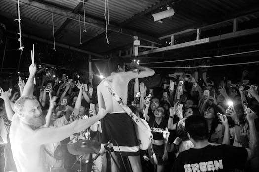 Black and white image of a dynamic live band performance capturing the thrill of an enthusiastic crowd.